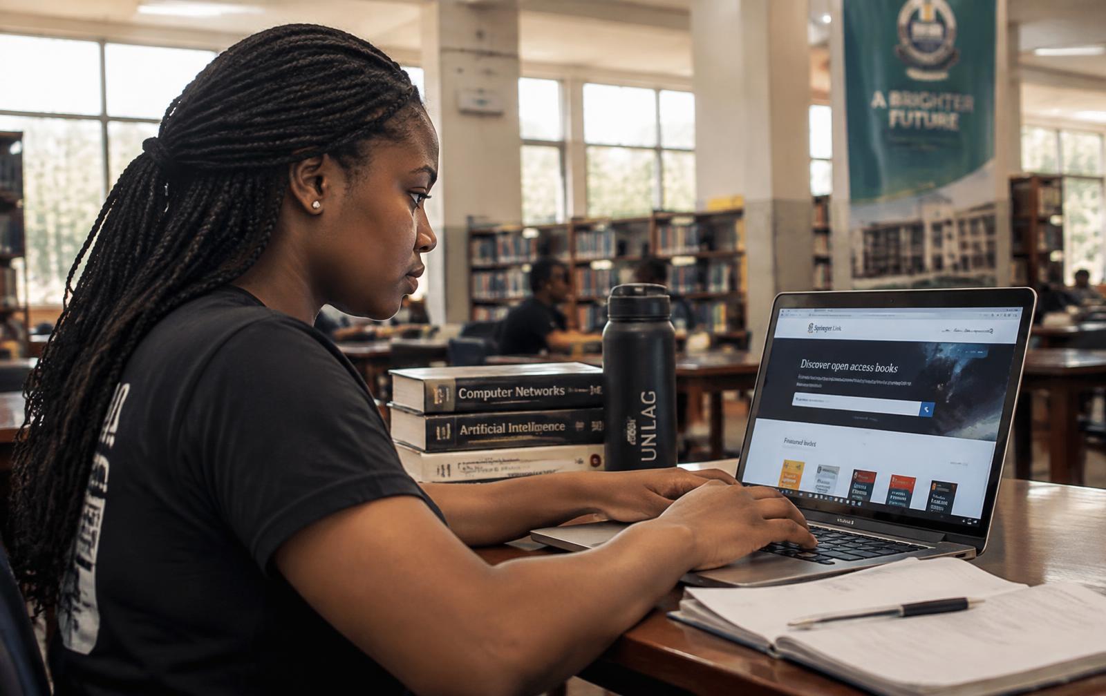 Student reading academic research on a laptop in a campus library
