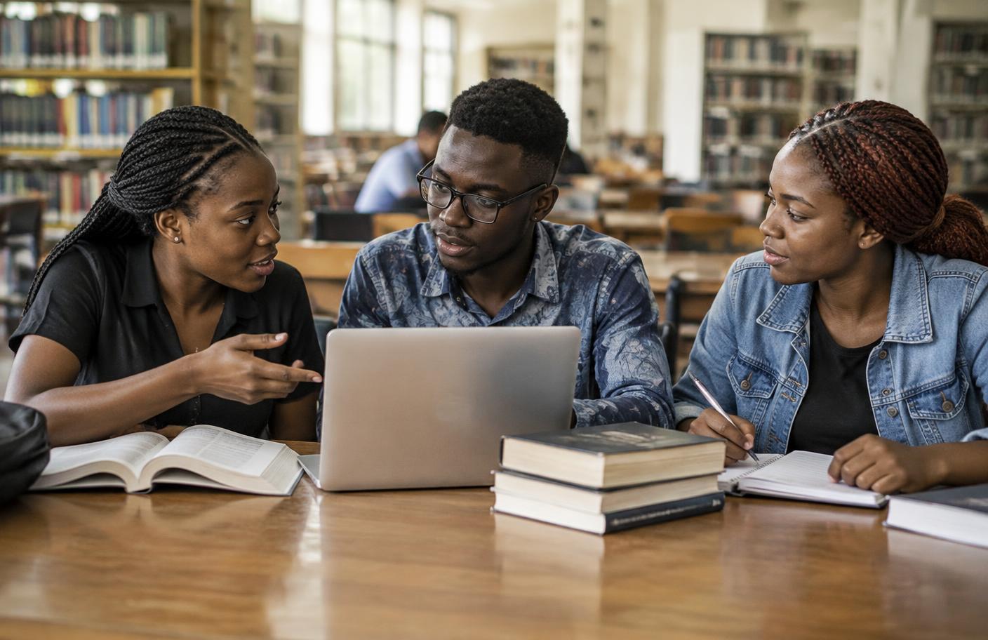 Nigerian students studying together in a campus library