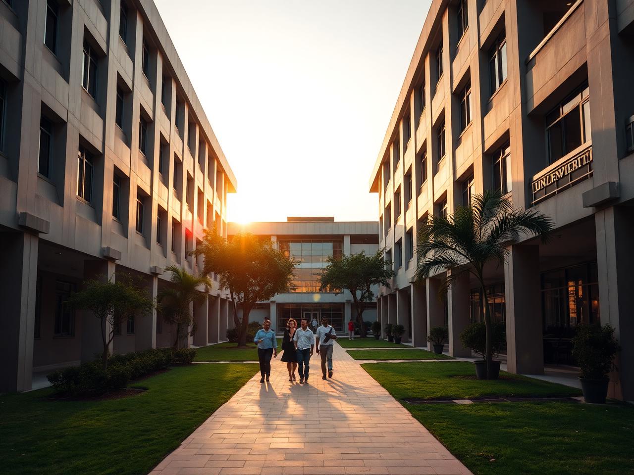 Nigerian university campus with students walking between academic buildings
