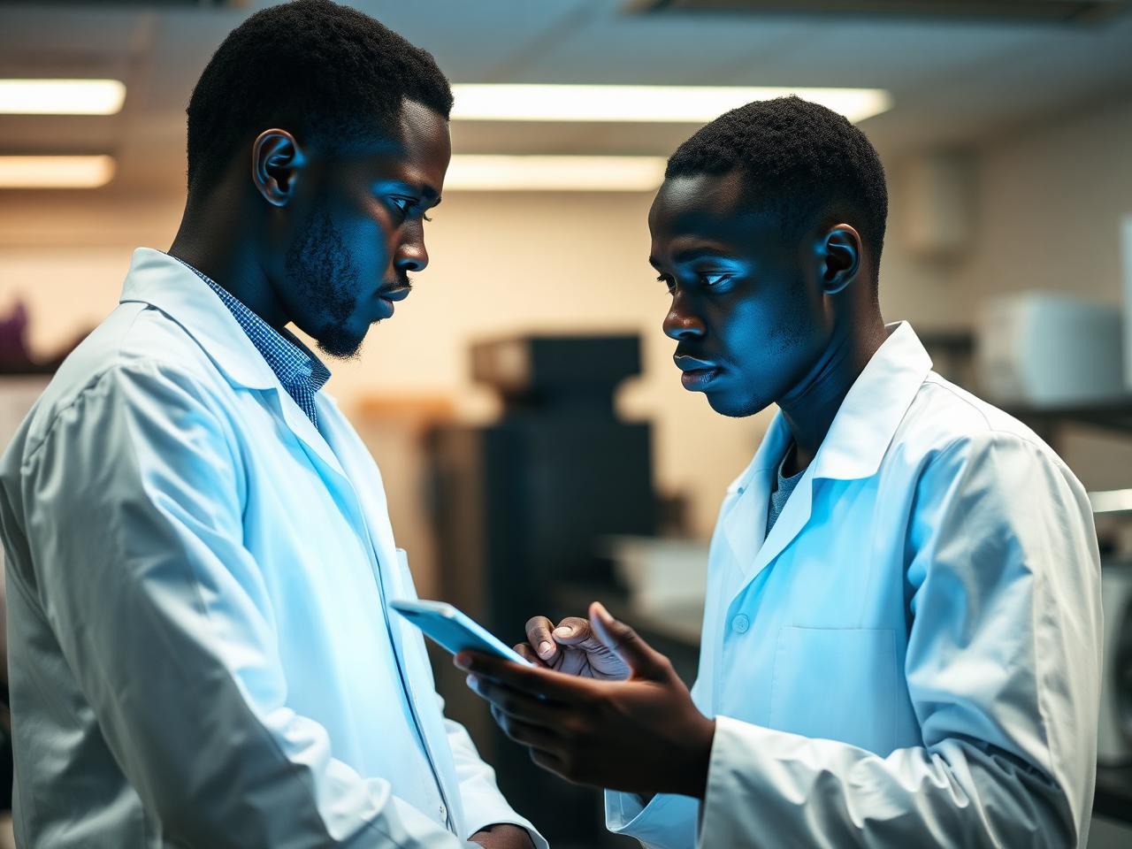 Nigerian researchers reviewing information together